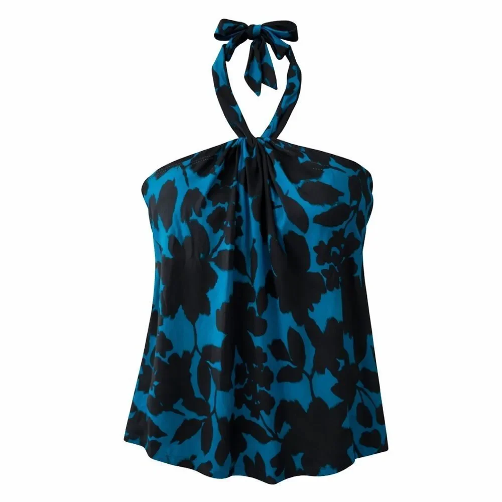 Land's End tankini top deep teal black abstract floral motif halter soft cup 10 - Picture 3 of 12